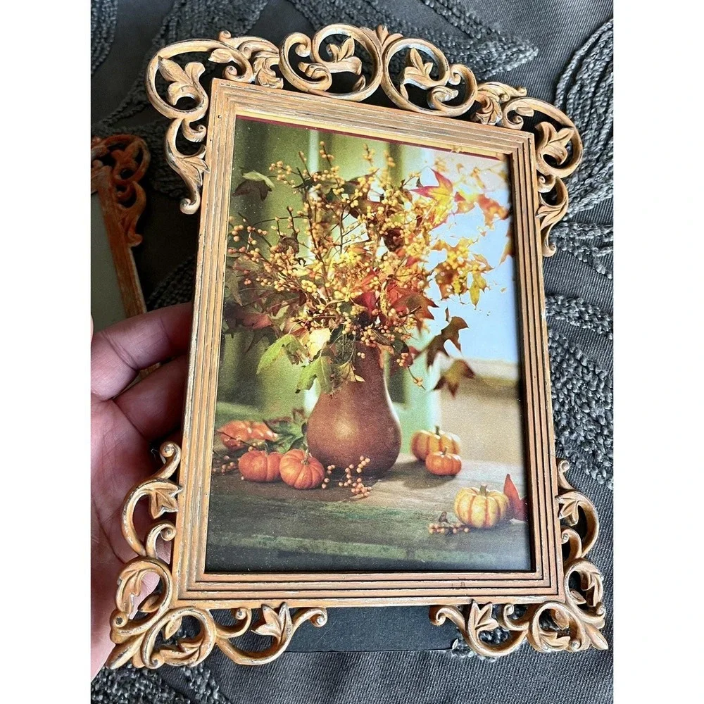 Metal Free Standing Frames Pair (2) Orange Ornate Matte Glass Taiwan Autumn Fall